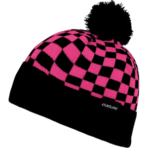 A pink and black checker beanie with a pom-pom on top and a logo.