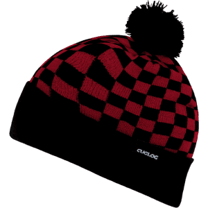 A red and black checked beanie with a pom-pom on top, featuring a logo on the band.