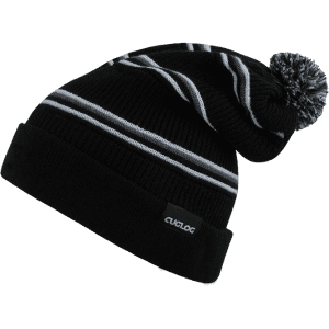 A black beanie with grey stripes and a pom-pom, featuring a logo on the side.