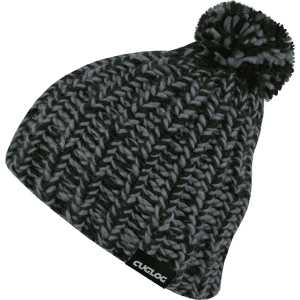 A knitted beanie in black and grey with a pom-pom on top and a logo tag.