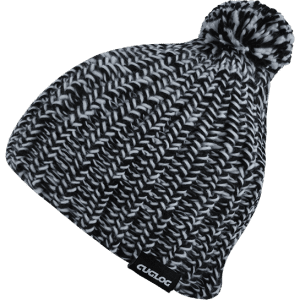 A black and white knitted beanie with a pom-pom on top and a logo on the side.