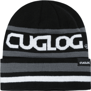 A black and grey beanie with horizontal stripes and a logo on the front.