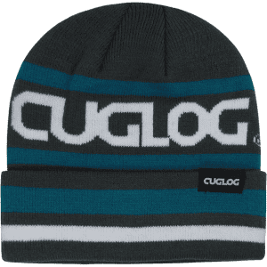 A knitted beanie in dark grey, teal, and white, featuring a logo and striped design.