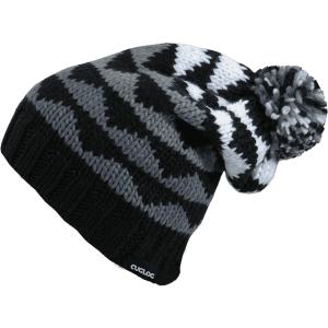 A black, grey, and white knitted beanie with a pom-pom on top and a logo on the side.