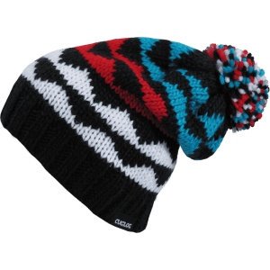 A multicoloured beanie featuring black, white, red, blue, and a pom-pom on top, with a logo present.