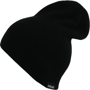 A black beanie with a ribbed texture and a small logo on the side.