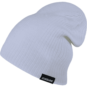 A white ribbed beanie with a black logo tag on the side, featuring a slouchy design.