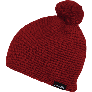 A red beanie with a knitted texture and a pom-pom on top, featuring a logo on the side.