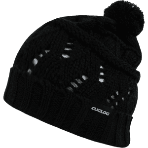 A black knit beanie featuring a pom-pom on top and a branding logo on the side.