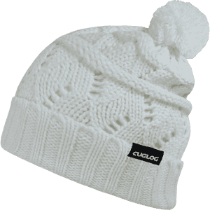 A white knitted beanie featuring a pom-pom on top and a small logo.