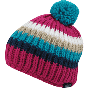 A knitted beanie with pink, blue, beige, and navy stripes, featuring a teal pom-pom on top and a logo.