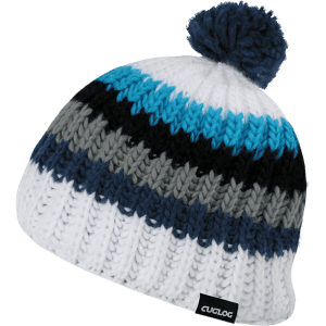 A striped beanie in white, blue, grey, and black with a pom-pom on top and a small logo on the side.
