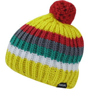 A multicoloured knitted beanie featuring yellow, red, grey, green, and white stripes with a pom-pom on top and a logo.