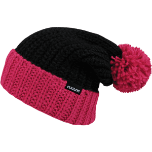 A black and pink beanie with a large pom-pom, featuring a small logo.