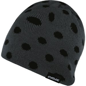 A grey beanie with black polka dots and a small logo on the side.