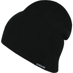 A black beanie with a ribbed texture, featuring a small logo on the edge.
