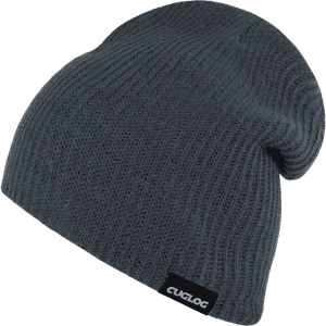 A grey knitted beanie featuring a logo patch. The beanie has a slouchy design and a textured pattern.
