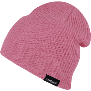A pink beanie with a ribbed texture and a logo patch on the side.
