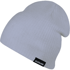 A white beanie with a textured knit and a small logo tag on the side.
