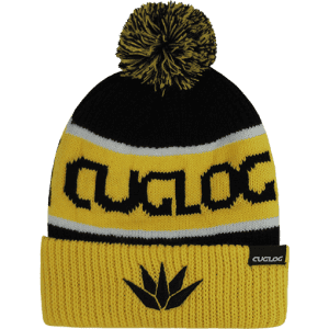 A yellow and black beanie with a pom-pom on top and a logo displayed on the front.
