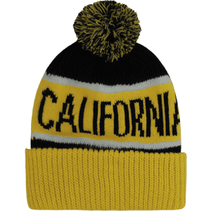A yellow beanie with black and white stripes, featuring a pom-pom on top and the word "CALIFORNIA".