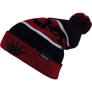 A black and burgundy beanie featuring a pom-pom and a logo, with a striped pattern and embroidery.