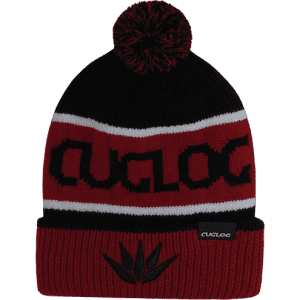 A red and black beanie featuring a pom-pom on top and a logo on the front.
