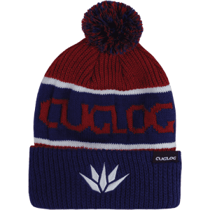 A beanie in red and blue with a pom-pom on top and a logo on the side.