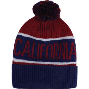 A red and navy beanie with a pom-pom on top and the word "CALIFORNIA" knitted into the design.