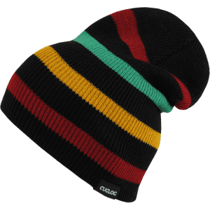 A beanie with black, red, yellow, and green stripes, featuring a small logo tag on the side.