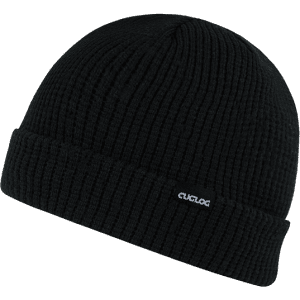 A black knit beanie featuring a simple logo on the side.