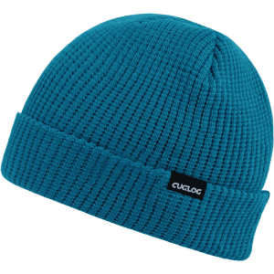 A teal beanie with a ribbed texture and a small logo on the side.