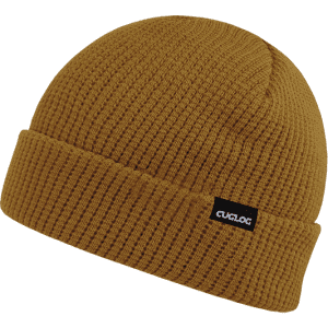 A mustard yellow beanie with a textured knit pattern and a branding logo on the side.