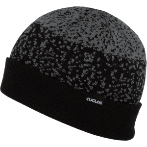 A knitted beanie in black and grey with a textured pattern and a small logo.