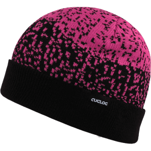 A pink and black beanie with a textured pattern and a small logo.