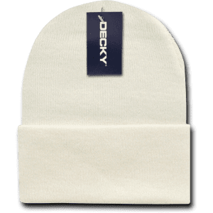 A white acrylic knit cap with a folded cuff and a logo tag attached.