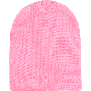 A pink beanie with a ribbed texture and a fitted style, featuring a simple design.