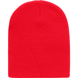 A red beanie made of knitted fabric, featuring a rounded top and a ribbed texture.