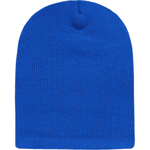 A blue beanie with a textured knit and a rounded top, featuring a logo.