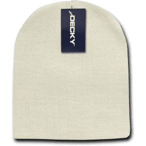 Acrylic short knit cap in cream colour with a logo tag attached.