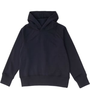 A navy blue kid's hoodie with a relaxed fit and a hood, featuring long sleeves and a plain design.