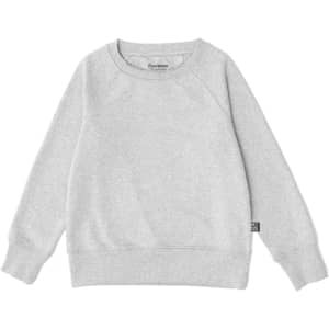 A grey kid's sweatshirt with a ribbed neckline and cuffs, featuring a small logo on the side.