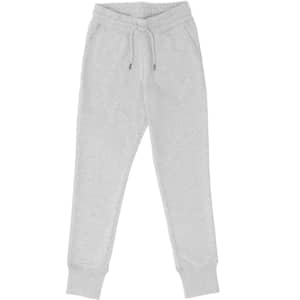 Light grey kids' sweatpants with an elastic waistband, drawstring, and tapered legs, featuring side pockets.