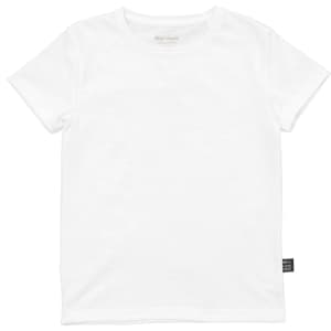 A plain white children's t-shirt with short sleeves and a small logo tag on the side.
