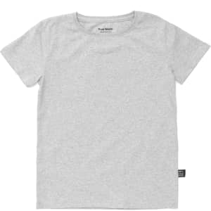 A grey kid's T-shirt with a round neckline and a brand logo on the side. The material appears soft and comfortable.