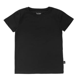 A black kid's t-shirt with a round neckline and short sleeves, featuring a label on the side.