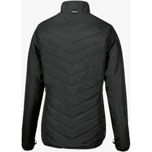 A black women's jacket with a chevron quilted design and a high collar. It features a logo on the back.