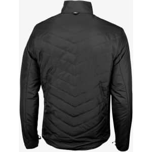 A black men's jacket with a quilted design, featuring a high collar and a logo on the back.