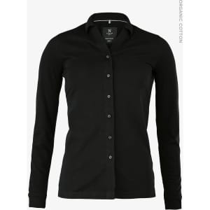 A black long-sleeved polo shirt made of organic cotton, featuring a buttoned front and a collar, with branding.