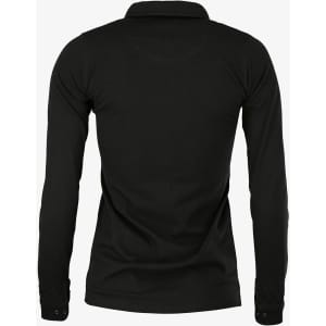 A black long-sleeved polo shirt with a collar, featuring a button placket and a brand logo.